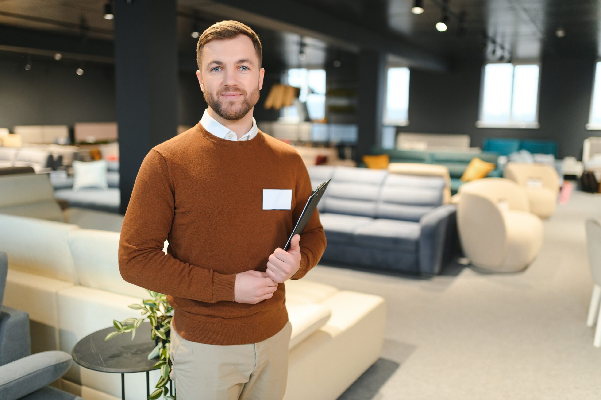 A confident sales professional holding a clipboard
